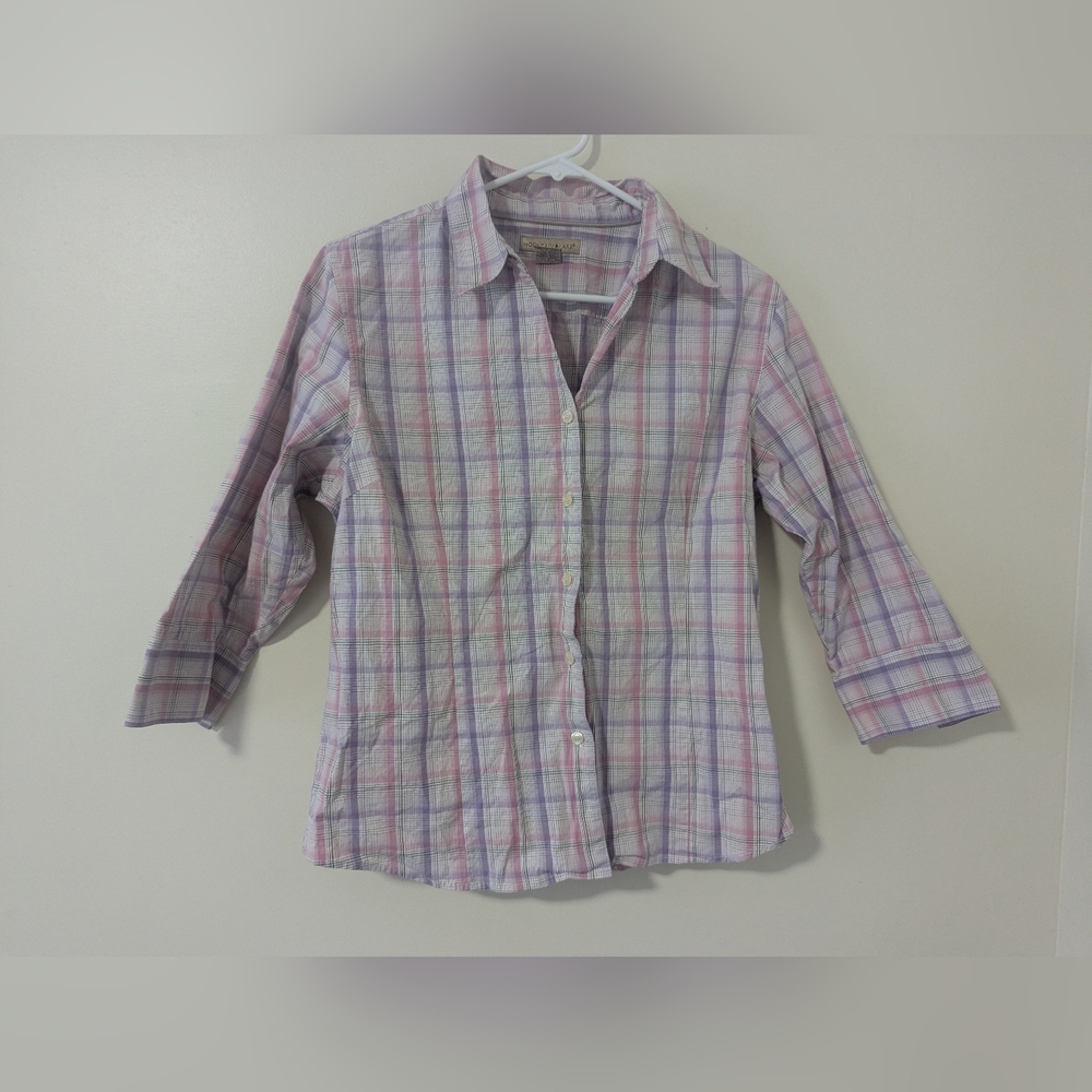 Mountain Lake Picnic Plaid Pink and Purple Blouse Shirt Womens Size Large Casual